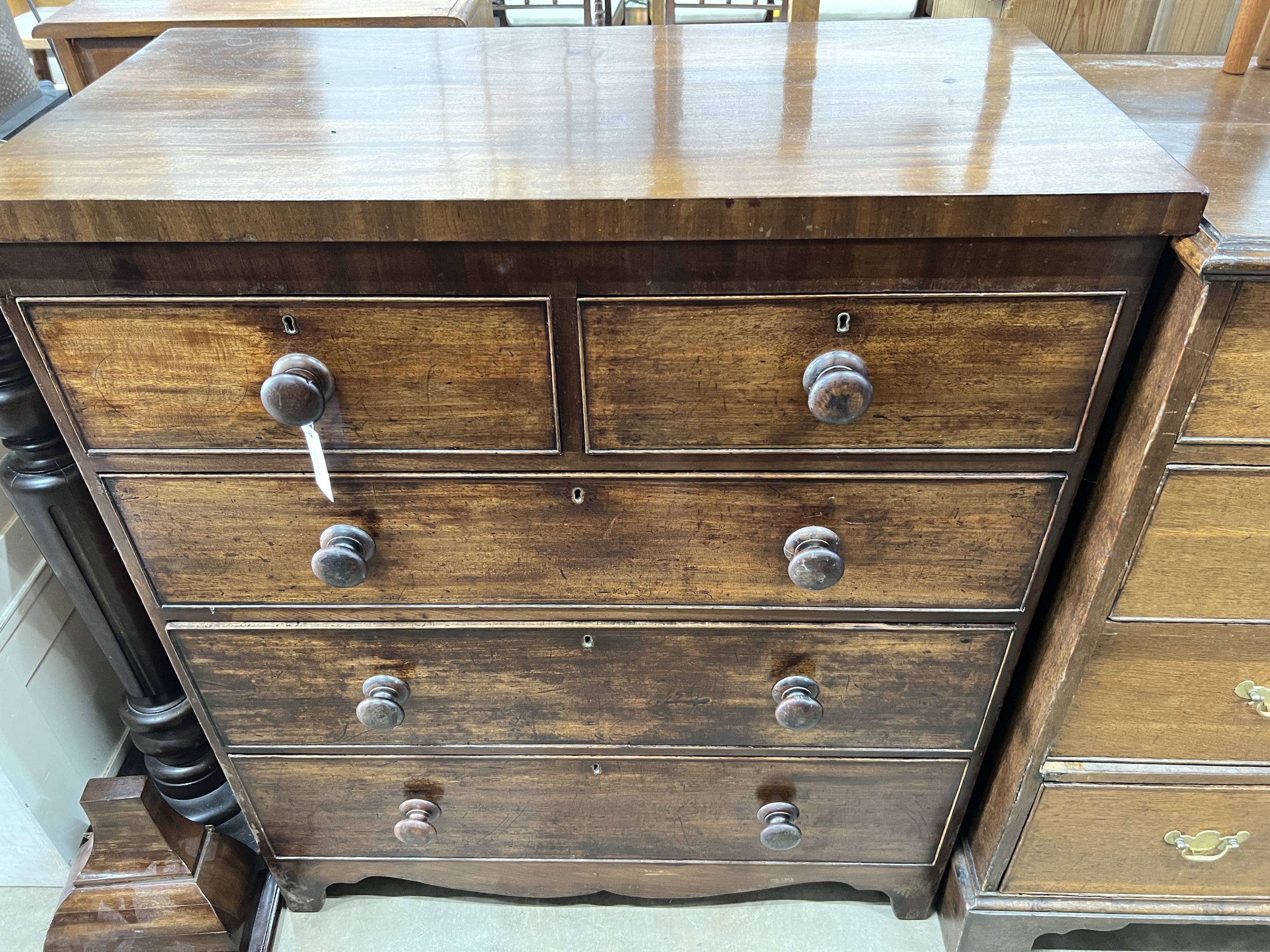 A Regency mahogany five drawer chest, width 91cm, depth 47cm, height 104cm